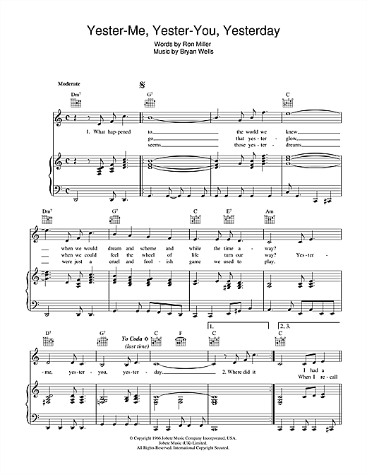 Preview Stevie Wonder Yester-Me, Yester-You, Yesterday Soul sheet music, notes and chords for Piano, Vocal & Guitar (Right-Hand Melody), SKU: 34206 sheet music, piano notes, chords, guitar tabs, score, transpose, transcribe, how to play, guide, download, learn, tutorial, progression, song, artist, awards, billboard, mtv, vh1, tour, single, album, release