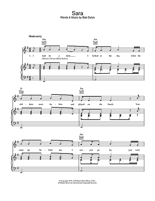 Preview Bob Dylan Sara Rock sheet music, notes and chords for Piano, Vocal & Guitar (Right-Hand Melody), SKU: 34207 sheet music, piano notes, chords, guitar tabs, score, transpose, transcribe, how to play, guide, download, learn, tutorial, progression, song, artist, awards, billboard, mtv, vh1, tour, single, album, release