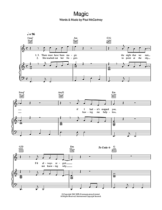 Preview Paul McCartney Magic Rock sheet music, notes and chords for Piano, Vocal & Guitar (Right-Hand Melody), SKU: 34208 sheet music, piano notes, chords, guitar tabs, score, transpose, transcribe, how to play, guide, download, learn, tutorial, progression, song, artist, awards, billboard, mtv, vh1, tour, single, album, release