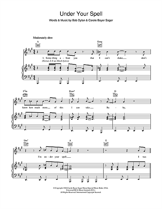 Preview Bob Dylan Under Your Spell Rock sheet music, notes and chords for Piano, Vocal & Guitar (Right-Hand Melody), SKU: 34209 sheet music, piano notes, chords, guitar tabs, score, transpose, transcribe, how to play, guide, download, learn, tutorial, progression, song, artist, awards, billboard, mtv, vh1, tour, single, album, release