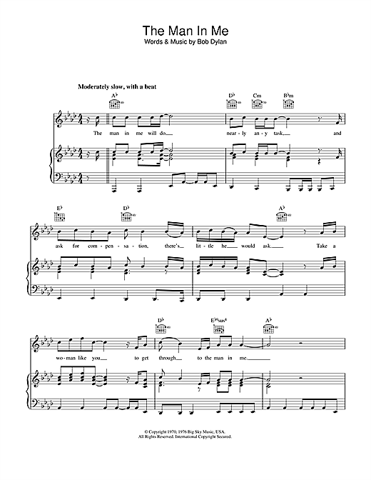 Preview Bob Dylan The Man In Me Rock sheet music, notes and chords for Piano, Vocal & Guitar (Right-Hand Melody), SKU: 34210 sheet music, piano notes, chords, guitar tabs, score, transpose, transcribe, how to play, guide, download, learn, tutorial, progression, song, artist, awards, billboard, mtv, vh1, tour, single, album, release