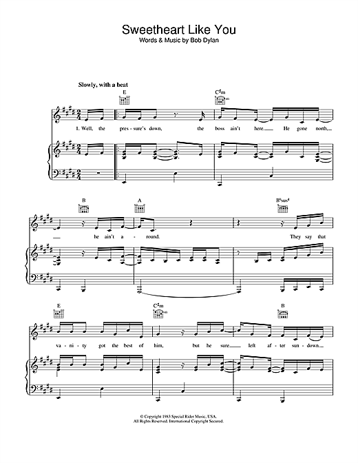 Preview Bob Dylan Sweetheart Like You Rock sheet music, notes and chords for Piano, Vocal & Guitar (Right-Hand Melody), SKU: 34211 sheet music, piano notes, chords, guitar tabs, score, transpose, transcribe, how to play, guide, download, learn, tutorial, progression, song, artist, awards, billboard, mtv, vh1, tour, single, album, release