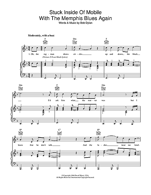 Preview Bob Dylan Stuck Inside Of Mobile With The Memphis Blues Again Rock sheet music, notes and chords for Piano, Vocal & Guitar (Right-Hand Melody), SKU: 34212 sheet music, piano notes, chords, guitar tabs, score, transpose, transcribe, how to play, guide, download, learn, tutorial, progression, song, artist, awards, billboard, mtv, vh1, tour, single, album, release