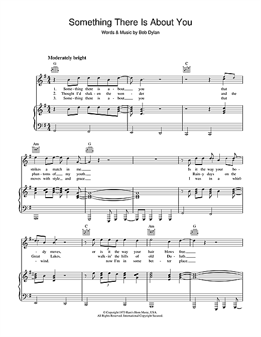 Preview Bob Dylan Something There Is About You Rock sheet music, notes and chords for Piano, Vocal & Guitar (Right-Hand Melody), SKU: 34213 sheet music, piano notes, chords, guitar tabs, score, transpose, transcribe, how to play, guide, download, learn, tutorial, progression, song, artist, awards, billboard, mtv, vh1, tour, single, album, release