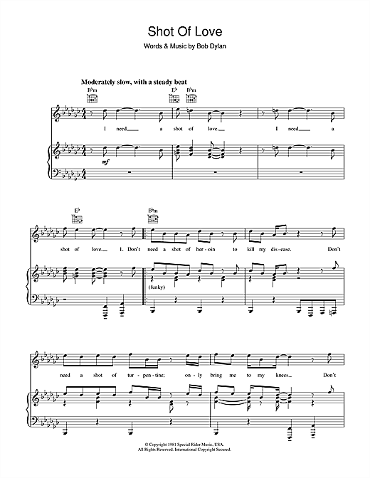Preview Bob Dylan Shot Of Love Rock sheet music, notes and chords for Piano, Vocal & Guitar (Right-Hand Melody), SKU: 34214 sheet music, piano notes, chords, guitar tabs, score, transpose, transcribe, how to play, guide, download, learn, tutorial, progression, song, artist, awards, billboard, mtv, vh1, tour, single, album, release