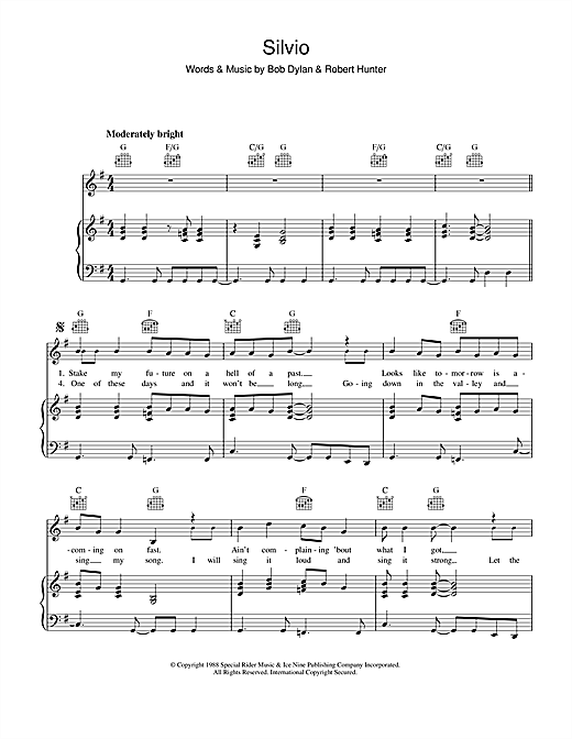 Preview Bob Dylan Silvio Rock sheet music, notes and chords for Piano, Vocal & Guitar (Right-Hand Melody), SKU: 34215 sheet music, piano notes, chords, guitar tabs, score, transpose, transcribe, how to play, guide, download, learn, tutorial, progression, song, artist, awards, billboard, mtv, vh1, tour, single, album, release