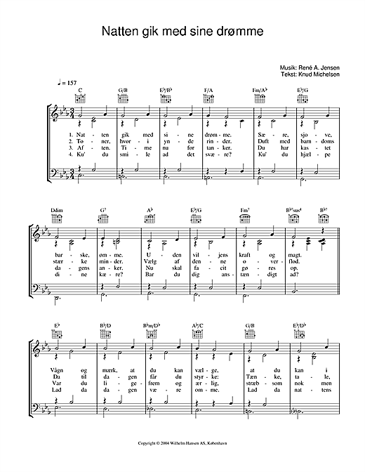 Preview René A. Jensen Natten Gik Med Sine Drømme Folk sheet music, notes and chords for Piano, Vocal & Guitar (Right-Hand Melody), SKU: 34217 sheet music, piano notes, chords, guitar tabs, score, transpose, transcribe, how to play, guide, download, learn, tutorial, progression, song, artist, awards, billboard, mtv, vh1, tour, single, album, release