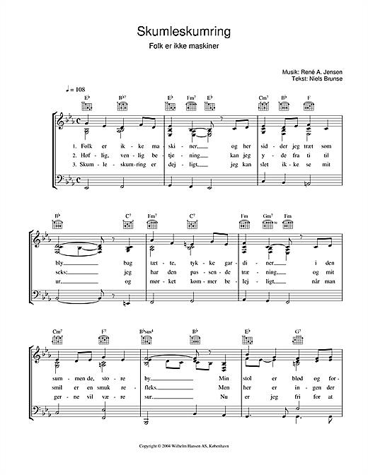Preview René A. Jensen Skumleskumring Folk sheet music, notes and chords for Piano, Vocal & Guitar (Right-Hand Melody), SKU: 34219 sheet music, piano notes, chords, guitar tabs, score, transpose, transcribe, how to play, guide, download, learn, tutorial, progression, song, artist, awards, billboard, mtv, vh1, tour, single, album, release