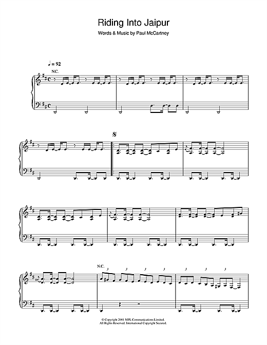 Preview Paul McCartney Riding Into Jaipur Rock sheet music, notes and chords for Piano, Vocal & Guitar (Right-Hand Melody), SKU: 34220 sheet music, piano notes, chords, guitar tabs, score, transpose, transcribe, how to play, guide, download, learn, tutorial, progression, song, artist, awards, billboard, mtv, vh1, tour, single, album, release