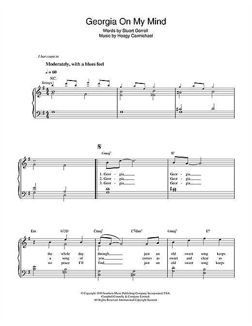 Preview Ray Charles Georgia On My Mind Jazz sheet music, notes and chords for Easy Piano, SKU: 34225 sheet music, piano notes, chords, guitar tabs, score, transpose, transcribe, how to play, guide, download, learn, tutorial, progression, song, artist, awards, billboard, mtv, vh1, tour, single, album, release