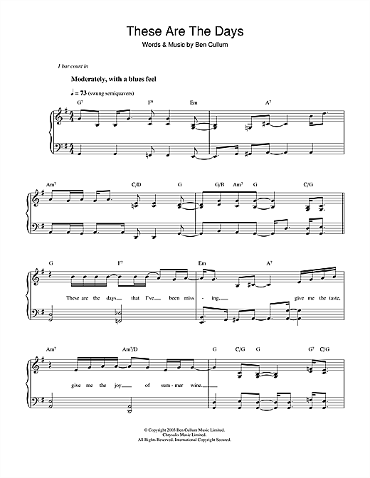 Preview Jamie Cullum These Are The Days Jazz sheet music, notes and chords for Easy Piano, SKU: 34230 sheet music, piano notes, chords, guitar tabs, score, transpose, transcribe, how to play, guide, download, learn, tutorial, progression, song, artist, awards, billboard, mtv, vh1, tour, single, album, release