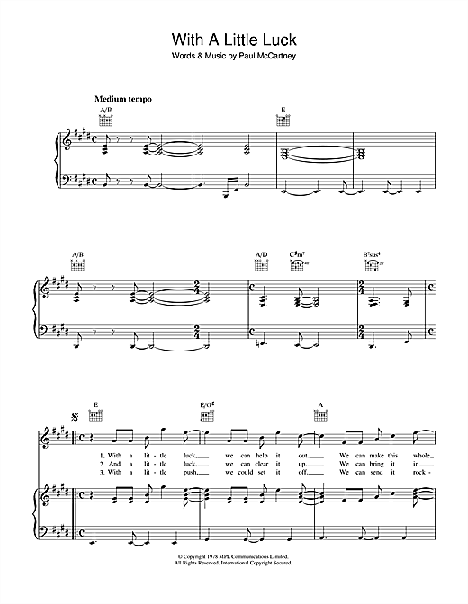Preview Paul McCartney With A Little Luck Rock sheet music, notes and chords for Piano, Vocal & Guitar (Right-Hand Melody), SKU: 34233 sheet music, piano notes, chords, guitar tabs, score, transpose, transcribe, how to play, guide, download, learn, tutorial, progression, song, artist, awards, billboard, mtv, vh1, tour, single, album, release