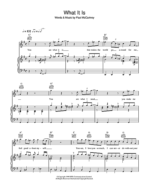 Preview Paul McCartney What It Is Rock sheet music, notes and chords for Piano, Vocal & Guitar (Right-Hand Melody), SKU: 34234 sheet music, piano notes, chords, guitar tabs, score, transpose, transcribe, how to play, guide, download, learn, tutorial, progression, song, artist, awards, billboard, mtv, vh1, tour, single, album, release