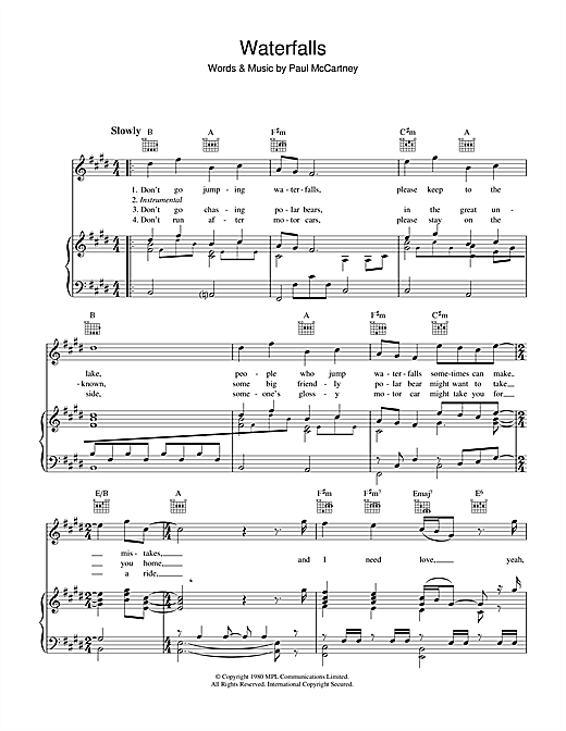 Preview Paul McCartney Waterfalls Rock sheet music, notes and chords for Piano, Vocal & Guitar (Right-Hand Melody), SKU: 34235 sheet music, piano notes, chords, guitar tabs, score, transpose, transcribe, how to play, guide, download, learn, tutorial, progression, song, artist, awards, billboard, mtv, vh1, tour, single, album, release