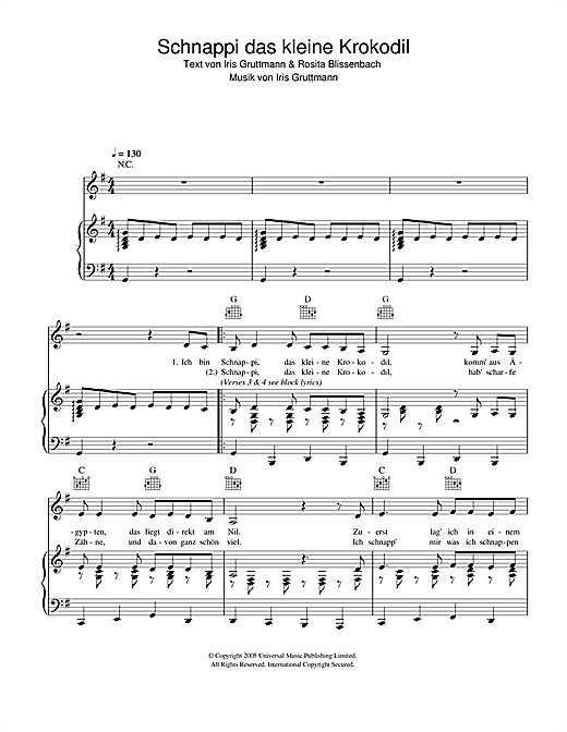 Preview Schnappi Schnappi das kleine Krokodil Children sheet music, notes and chords for Piano, Vocal & Guitar (Right-Hand Melody), SKU: 34237 sheet music, piano notes, chords, guitar tabs, score, transpose, transcribe, how to play, guide, download, learn, tutorial, progression, song, artist, awards, billboard, mtv, vh1, tour, single, album, release