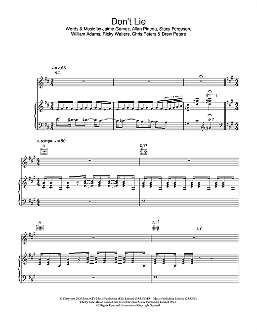 Preview The Black Eyed Peas Don't Lie R & B sheet music, notes and chords for Piano, Vocal & Guitar, SKU: 34238 sheet music, piano notes, chords, guitar tabs, score, transpose, transcribe, how to play, guide, download, learn, tutorial, progression, song, artist, awards, billboard, mtv, vh1, tour, single, album, release
