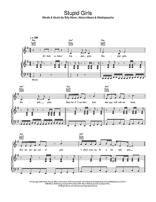 Preview Pink Stupid Girls Pop sheet music, notes and chords for Piano, Vocal & Guitar, SKU: 34239 sheet music, piano notes, chords, guitar tabs, score, transpose, transcribe, how to play, guide, download, learn, tutorial, progression, song, artist, awards, billboard, mtv, vh1, tour, single, album, release