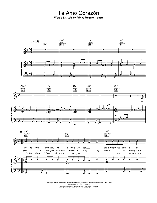 Preview Prince Te Amo Corazon Pop sheet music, notes and chords for Piano, Vocal & Guitar (Right-Hand Melody), SKU: 34240 sheet music, piano notes, chords, guitar tabs, score, transpose, transcribe, how to play, guide, download, learn, tutorial, progression, song, artist, awards, billboard, mtv, vh1, tour, single, album, release