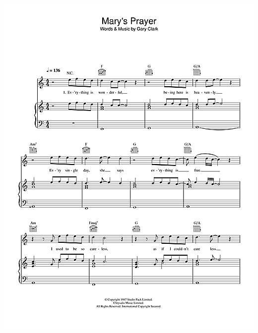 Preview Danny Wilson Mary's Prayer Pop sheet music, notes and chords for Piano, Vocal & Guitar (Right-Hand Melody), SKU: 34241 sheet music, piano notes, chords, guitar tabs, score, transpose, transcribe, how to play, guide, download, learn, tutorial, progression, song, artist, awards, billboard, mtv, vh1, tour, single, album, release