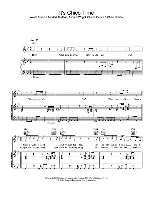 Preview Chico Slimani It's Chico Time Pop sheet music, notes and chords for Piano, Vocal & Guitar, SKU: 34243 sheet music, piano notes, chords, guitar tabs, score, transpose, transcribe, how to play, guide, download, learn, tutorial, progression, song, artist, awards, billboard, mtv, vh1, tour, single, album, release