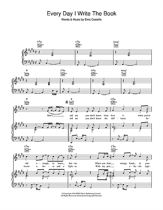 Preview Elvis Costello Every Day I Write The Book Pop sheet music, notes and chords for Piano, Vocal & Guitar (Right-Hand Melody), SKU: 34247 sheet music, piano notes, chords, guitar tabs, score, transpose, transcribe, how to play, guide, download, learn, tutorial, progression, song, artist, awards, billboard, mtv, vh1, tour, single, album, release
