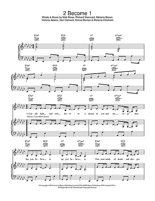 Preview The Spice Girls 2 Become 1 Pop sheet music, notes and chords for Piano, Vocal & Guitar (Right-Hand Melody), SKU: 34362 sheet music, piano notes, chords, guitar tabs, score, transpose, transcribe, how to play, guide, download, learn, tutorial, progression, song, artist, awards, billboard, mtv, vh1, tour, single, album, release