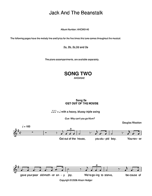 Preview Alison Hedger Song 2 (from Jack And The Beanstalk) Musicals sheet music, notes and chords for Melody Line, Lyrics & Chords, SKU: 36103 sheet music, piano notes, chords, guitar tabs, score, transpose, transcribe, how to play, guide, download, learn, tutorial, progression, song, artist, awards, billboard, mtv, vh1, tour, single, album, release