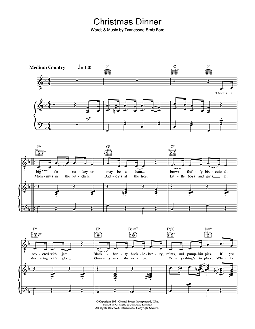 Preview Tennessee Ernie Ford Christmas Dinner Country sheet music, notes and chords for Piano, Vocal & Guitar, SKU: 36127 sheet music, piano notes, chords, guitar tabs, score, transpose, transcribe, how to play, guide, download, learn, tutorial, progression, song, artist, awards, billboard, mtv, vh1, tour, single, album, release