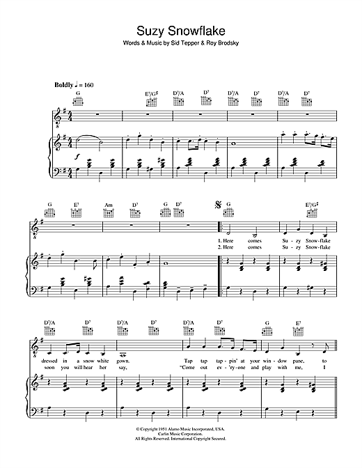 Preview Rosemary Clooney Suzy Snowflake Christmas sheet music, notes and chords for Piano, Vocal & Guitar, SKU: 36130 sheet music, piano notes, chords, guitar tabs, score, transpose, transcribe, how to play, guide, download, learn, tutorial, progression, song, artist, awards, billboard, mtv, vh1, tour, single, album, release