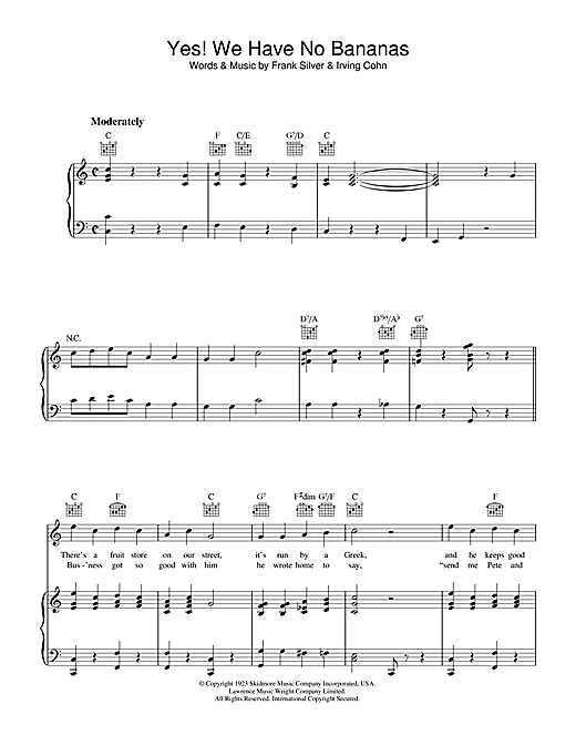 Preview Frank Silver Yes! We Have No Bananas Pop sheet music, notes and chords for Piano, Vocal & Guitar (Right-Hand Melody), SKU: 36133 sheet music, piano notes, chords, guitar tabs, score, transpose, transcribe, how to play, guide, download, learn, tutorial, progression, song, artist, awards, billboard, mtv, vh1, tour, single, album, release