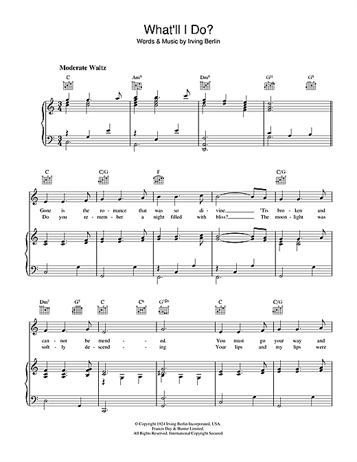Preview Irving Berlin What'll I Do Pop sheet music, notes and chords for Piano, Vocal & Guitar (Right-Hand Melody), SKU: 36135 sheet music, piano notes, chords, guitar tabs, score, transpose, transcribe, how to play, guide, download, learn, tutorial, progression, song, artist, awards, billboard, mtv, vh1, tour, single, album, release