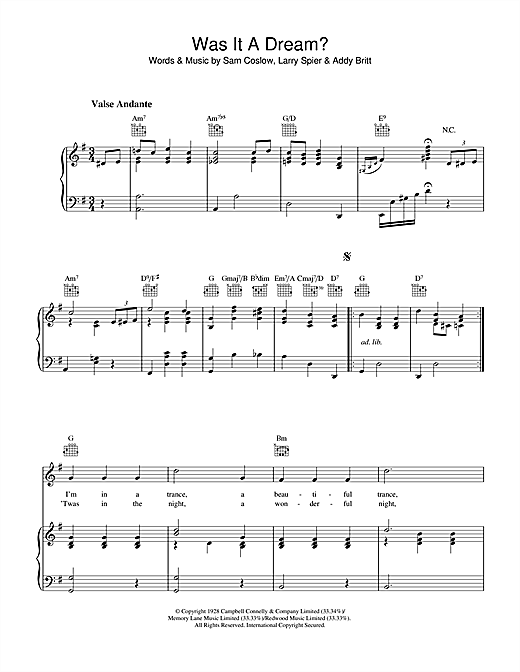 Preview Sam Coslow Was It A Dream Pop sheet music, notes and chords for Piano, Vocal & Guitar (Right-Hand Melody), SKU: 36136 sheet music, piano notes, chords, guitar tabs, score, transpose, transcribe, how to play, guide, download, learn, tutorial, progression, song, artist, awards, billboard, mtv, vh1, tour, single, album, release