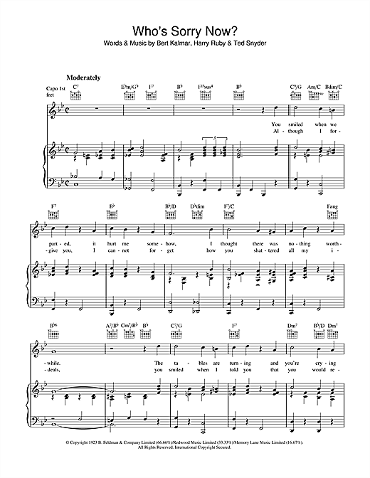 Preview Bert Kalmer Who's Sorry Now? Pop sheet music, notes and chords for Piano, Vocal & Guitar (Right-Hand Melody), SKU: 36137 sheet music, piano notes, chords, guitar tabs, score, transpose, transcribe, how to play, guide, download, learn, tutorial, progression, song, artist, awards, billboard, mtv, vh1, tour, single, album, release