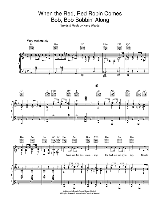 Preview Harry Woods When The Red, Red Robin Comes Bob, Bob, Bobbin' Along Pop sheet music, notes and chords for Piano, Vocal & Guitar (Right-Hand Melody), SKU: 36138 sheet music, piano notes, chords, guitar tabs, score, transpose, transcribe, how to play, guide, download, learn, tutorial, progression, song, artist, awards, billboard, mtv, vh1, tour, single, album, release