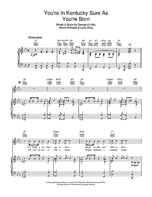 Preview George Little You're In Kentucky Sure As You're Born Pop sheet music, notes and chords for Piano, Vocal & Guitar (Right-Hand Melody), SKU: 36140 sheet music, piano notes, chords, guitar tabs, score, transpose, transcribe, how to play, guide, download, learn, tutorial, progression, song, artist, awards, billboard, mtv, vh1, tour, single, album, release
