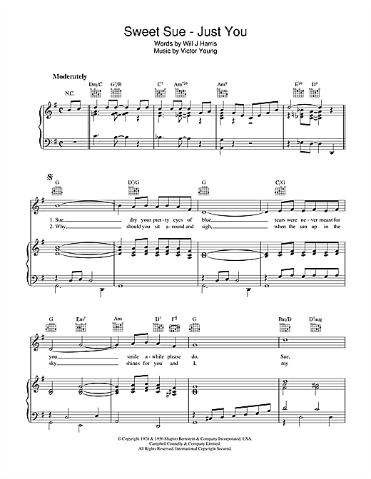 Preview Victor Young Sweet Sue - Just You Pop sheet music, notes and chords for Piano, Vocal & Guitar (Right-Hand Melody), SKU: 36141 sheet music, piano notes, chords, guitar tabs, score, transpose, transcribe, how to play, guide, download, learn, tutorial, progression, song, artist, awards, billboard, mtv, vh1, tour, single, album, release