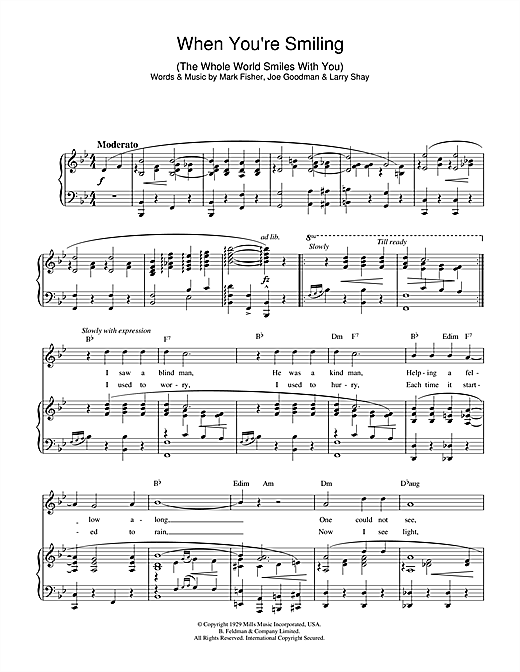 Preview Mark Fisher When You're Smiling (The Whole World Smiles With You) Pop sheet music, notes and chords for Piano, Vocal & Guitar (Right-Hand Melody), SKU: 36143 sheet music, piano notes, chords, guitar tabs, score, transpose, transcribe, how to play, guide, download, learn, tutorial, progression, song, artist, awards, billboard, mtv, vh1, tour, single, album, release