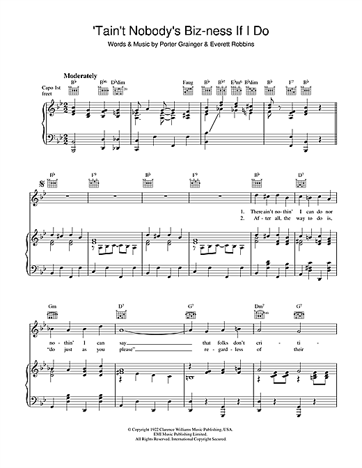 Preview Porter Grainger Tain't Nobody's Biz-Ness If I Do Pop sheet music, notes and chords for Piano, Vocal & Guitar (Right-Hand Melody), SKU: 36145 sheet music, piano notes, chords, guitar tabs, score, transpose, transcribe, how to play, guide, download, learn, tutorial, progression, song, artist, awards, billboard, mtv, vh1, tour, single, album, release