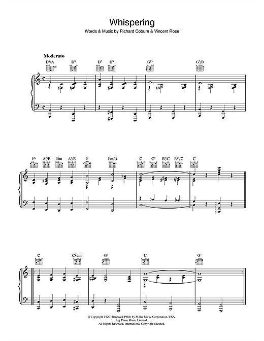 Preview Richard Coburn Whispering Pop sheet music, notes and chords for Piano, Vocal & Guitar (Right-Hand Melody), SKU: 36146 sheet music, piano notes, chords, guitar tabs, score, transpose, transcribe, how to play, guide, download, learn, tutorial, progression, song, artist, awards, billboard, mtv, vh1, tour, single, album, release