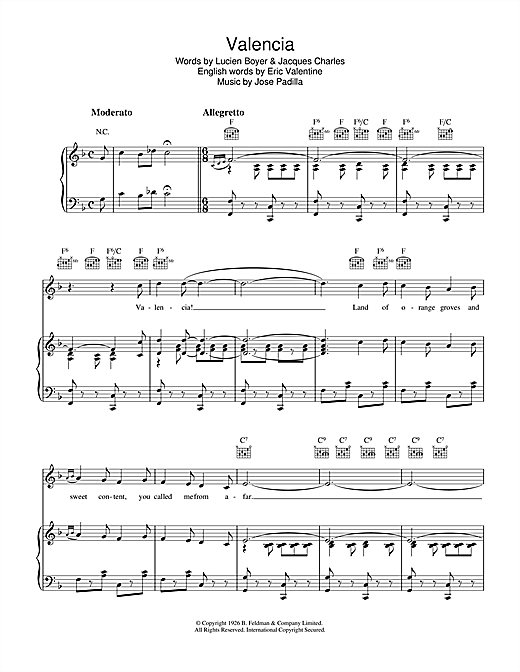 Preview Jose Padilla Valencia Pop sheet music, notes and chords for Piano, Vocal & Guitar (Right-Hand Melody), SKU: 36147 sheet music, piano notes, chords, guitar tabs, score, transpose, transcribe, how to play, guide, download, learn, tutorial, progression, song, artist, awards, billboard, mtv, vh1, tour, single, album, release
