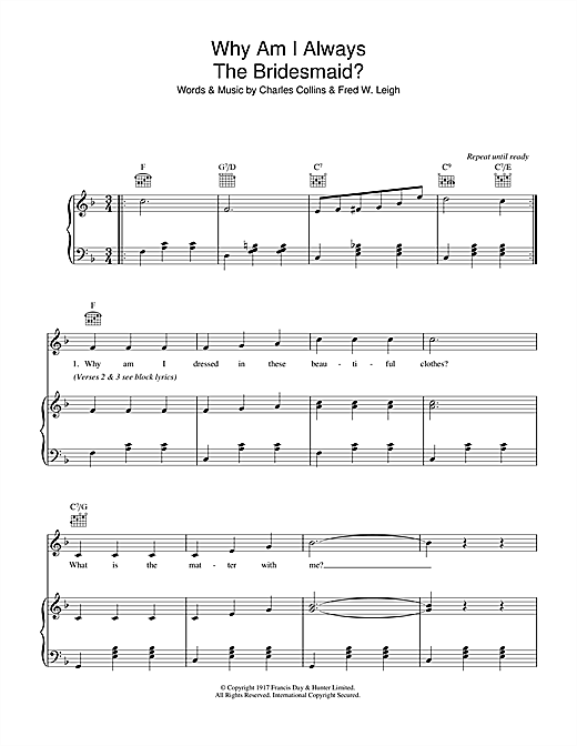 Preview Lily Morris Why Am I Always The Bridesmaid? Pop sheet music, notes and chords for Piano, Vocal & Guitar (Right-Hand Melody), SKU: 36148 sheet music, piano notes, chords, guitar tabs, score, transpose, transcribe, how to play, guide, download, learn, tutorial, progression, song, artist, awards, billboard, mtv, vh1, tour, single, album, release
