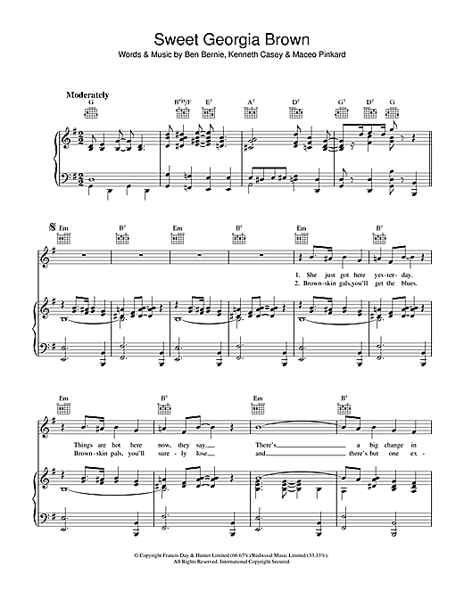 Preview Ben Bernie Sweet Georgia Brown Pop sheet music, notes and chords for Piano, Vocal & Guitar (Right-Hand Melody), SKU: 36151 sheet music, piano notes, chords, guitar tabs, score, transpose, transcribe, how to play, guide, download, learn, tutorial, progression, song, artist, awards, billboard, mtv, vh1, tour, single, album, release