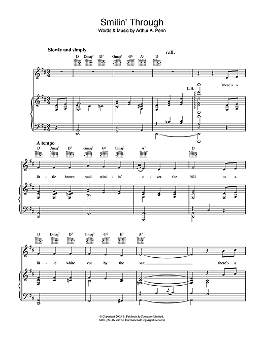 Preview Arthur A. Penn Smilin' Through Pop sheet music, notes and chords for Piano, Vocal & Guitar (Right-Hand Melody), SKU: 36153 sheet music, piano notes, chords, guitar tabs, score, transpose, transcribe, how to play, guide, download, learn, tutorial, progression, song, artist, awards, billboard, mtv, vh1, tour, single, album, release