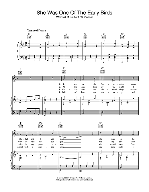 Preview George Beauchamp She Was One Of The Early Birds Pop sheet music, notes and chords for Piano, Vocal & Guitar (Right-Hand Melody), SKU: 36154 sheet music, piano notes, chords, guitar tabs, score, transpose, transcribe, how to play, guide, download, learn, tutorial, progression, song, artist, awards, billboard, mtv, vh1, tour, single, album, release