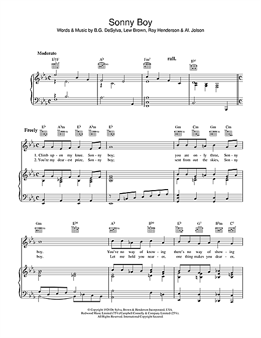 Preview Al Jolson Sonny Boy Pop sheet music, notes and chords for Piano, Vocal & Guitar (Right-Hand Melody), SKU: 36155 sheet music, piano notes, chords, guitar tabs, score, transpose, transcribe, how to play, guide, download, learn, tutorial, progression, song, artist, awards, billboard, mtv, vh1, tour, single, album, release