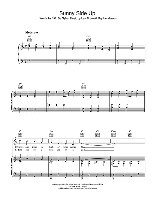 Preview Lew Brown Sunny Side Up Pop sheet music, notes and chords for Piano, Vocal & Guitar (Right-Hand Melody), SKU: 36156 sheet music, piano notes, chords, guitar tabs, score, transpose, transcribe, how to play, guide, download, learn, tutorial, progression, song, artist, awards, billboard, mtv, vh1, tour, single, album, release