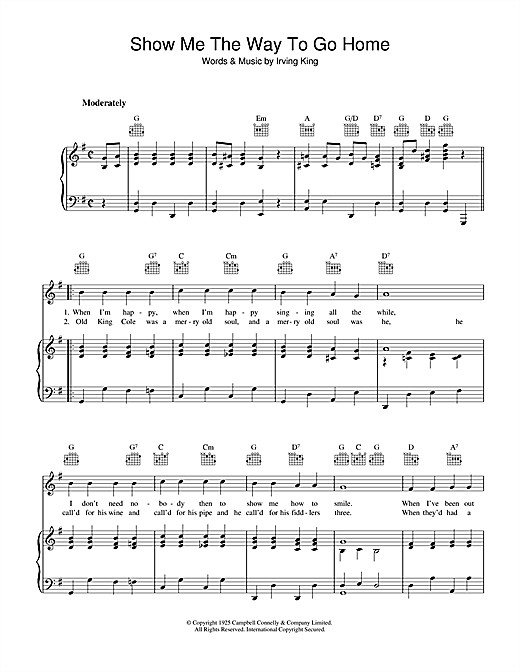 Preview Irving King Show Me The Way To Go Home Pop sheet music, notes and chords for Piano, Vocal & Guitar (Right-Hand Melody), SKU: 36157 sheet music, piano notes, chords, guitar tabs, score, transpose, transcribe, how to play, guide, download, learn, tutorial, progression, song, artist, awards, billboard, mtv, vh1, tour, single, album, release
