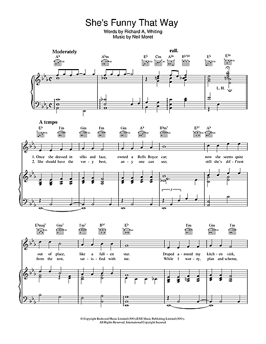 Preview Richard A. Whiting She's Funny That Way Pop sheet music, notes and chords for Piano, Vocal & Guitar (Right-Hand Melody), SKU: 36158 sheet music, piano notes, chords, guitar tabs, score, transpose, transcribe, how to play, guide, download, learn, tutorial, progression, song, artist, awards, billboard, mtv, vh1, tour, single, album, release