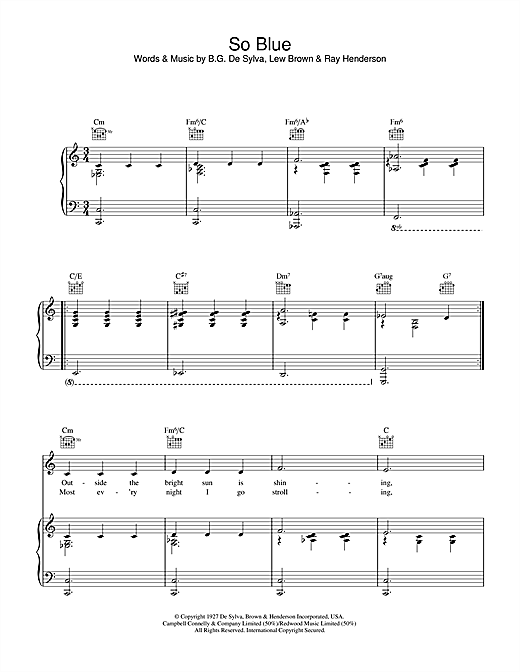 Preview Lew Brown So Blue Pop sheet music, notes and chords for Piano, Vocal & Guitar (Right-Hand Melody), SKU: 36159 sheet music, piano notes, chords, guitar tabs, score, transpose, transcribe, how to play, guide, download, learn, tutorial, progression, song, artist, awards, billboard, mtv, vh1, tour, single, album, release