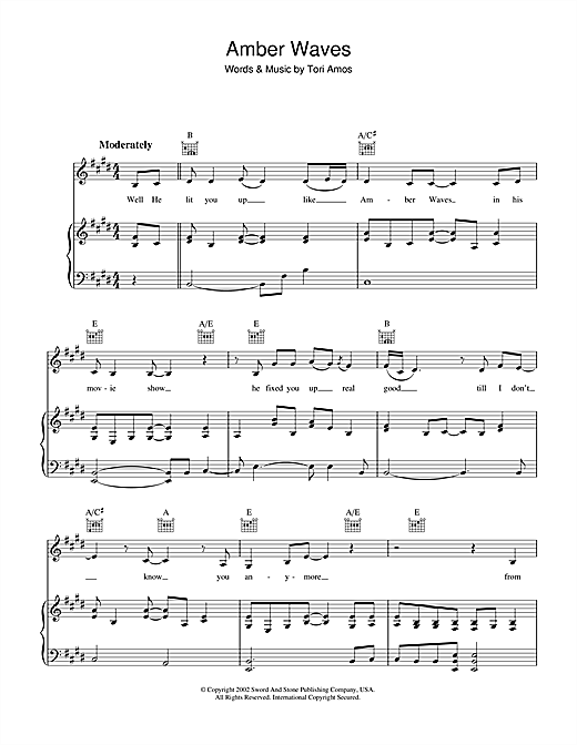 Preview Tori Amos Amber Waves Alternative sheet music, notes and chords for Piano, Vocal & Guitar, SKU: 36163 sheet music, piano notes, chords, guitar tabs, score, transpose, transcribe, how to play, guide, download, learn, tutorial, progression, song, artist, awards, billboard, mtv, vh1, tour, single, album, release